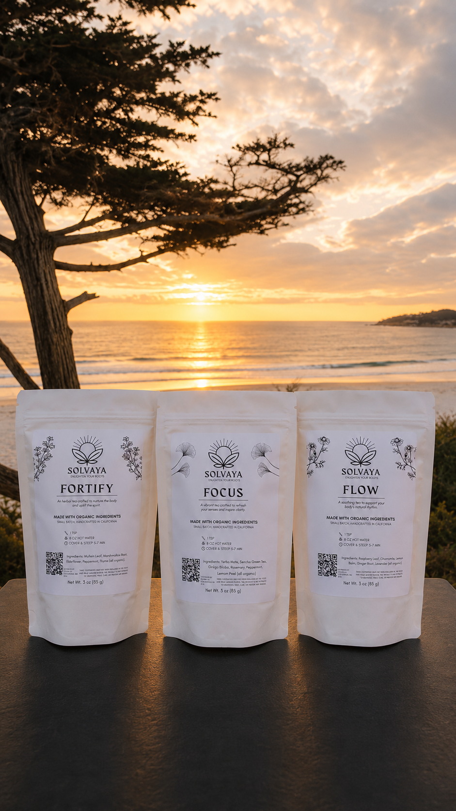 Three SOLVAYA tea pouches—Fortify, Focus, and Flow—on a ledge at sunset with a cypress tree and the California coast